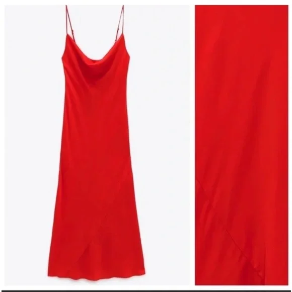 Zara bright Red Satin Effect Lingerie Style maxi Cowl Neck Dress - Picture 12 of 13